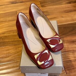 Clarks Red Heels with Gold Detail
